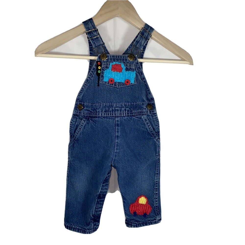 OshKosh B'Gosh Vintage Baby 12M Denim Bib Jean Overalls Chenille Applique Boy